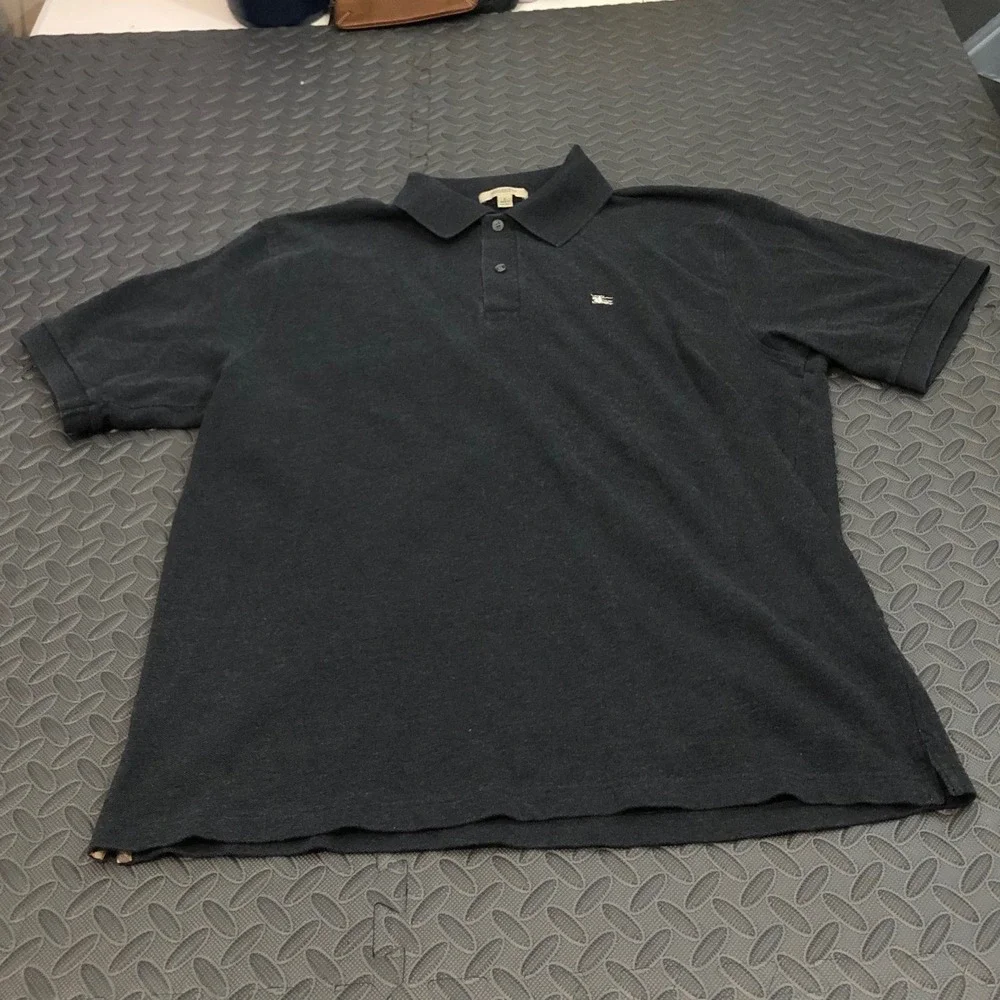 Burberry Polo Shirt Mens L Charcoal Grey Nova Check Placket Embroidered Logo